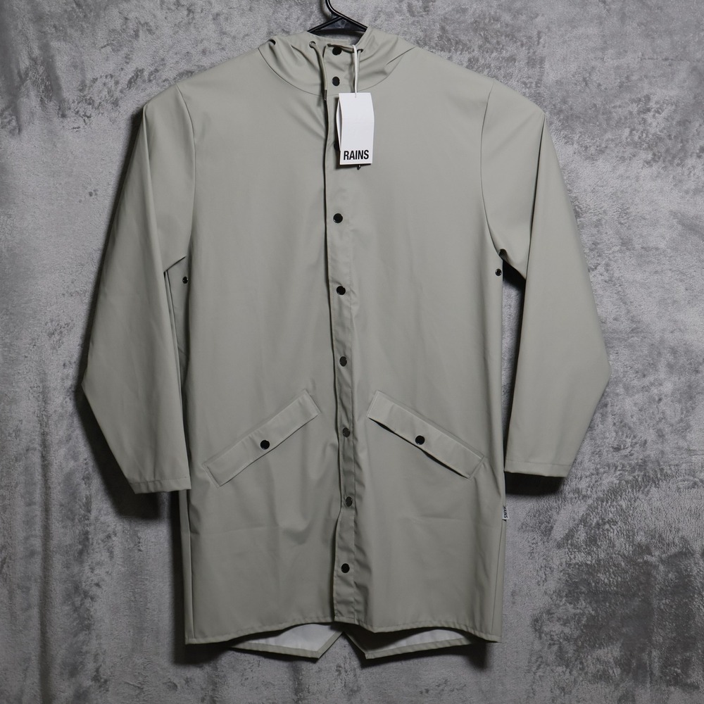 RAINS Rain Jacket Mens Large Cement Grey Hooded Waterproof Snap Front Long Vent